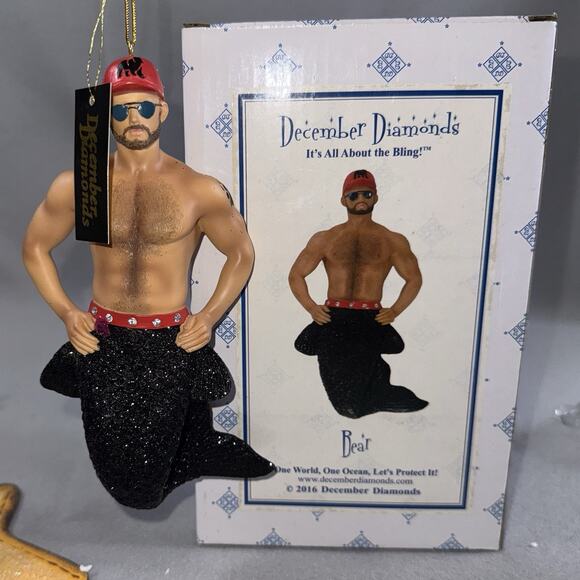 December Diamonds Bear Merman Ornament 2016 Red Cap Black Tail Retired - Picture 2 of 16